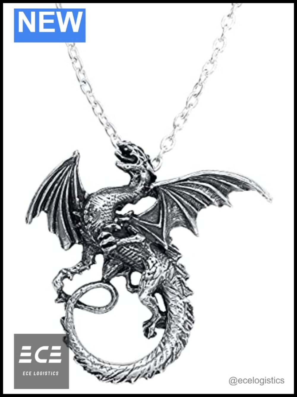 Pewter Dragon Wyrm Pendant Necklace 21 Inch Cable Chain Polished